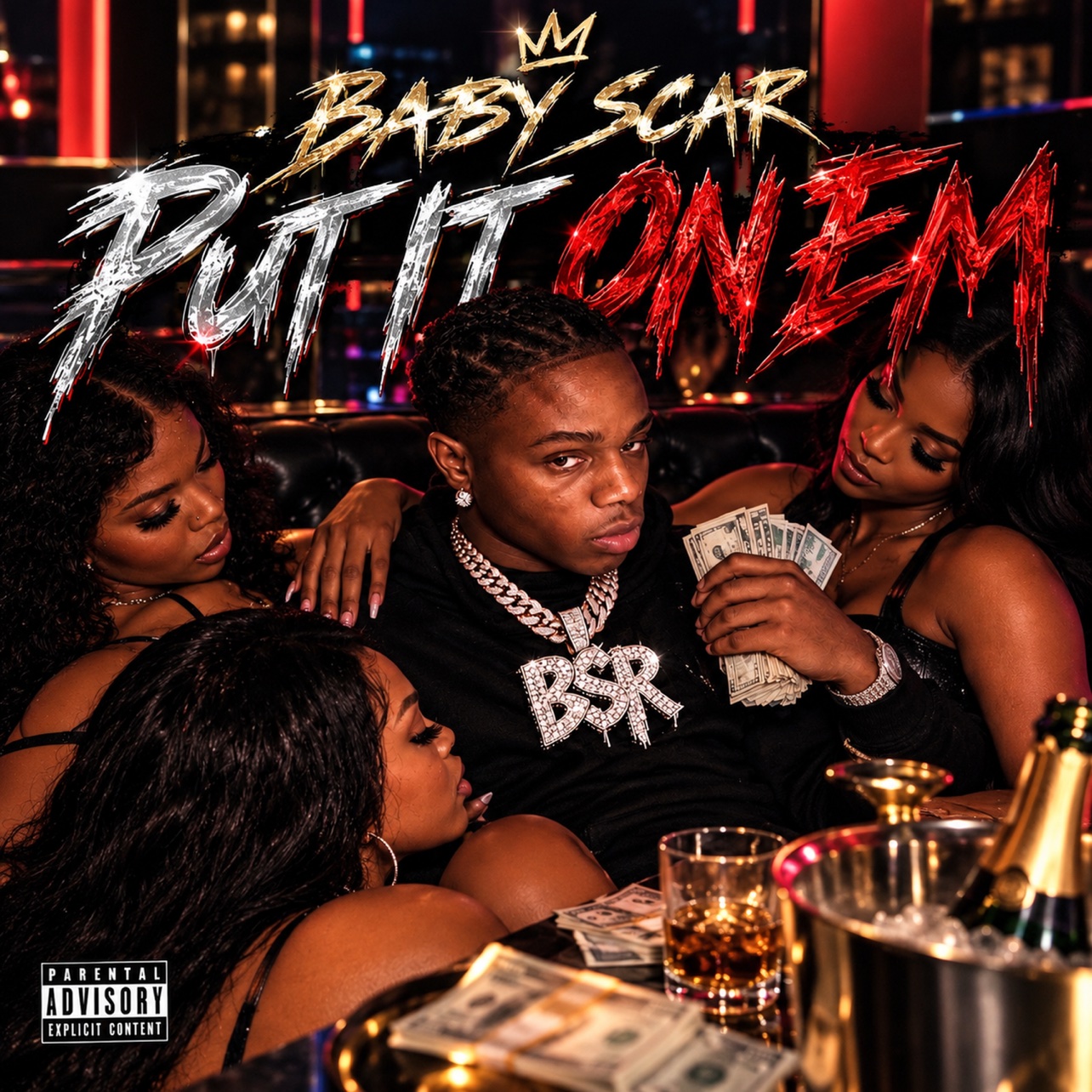 Official cover art for PUT IT ON EM by BABYSCAR — metallic red and silver lettering over a nightclub scene